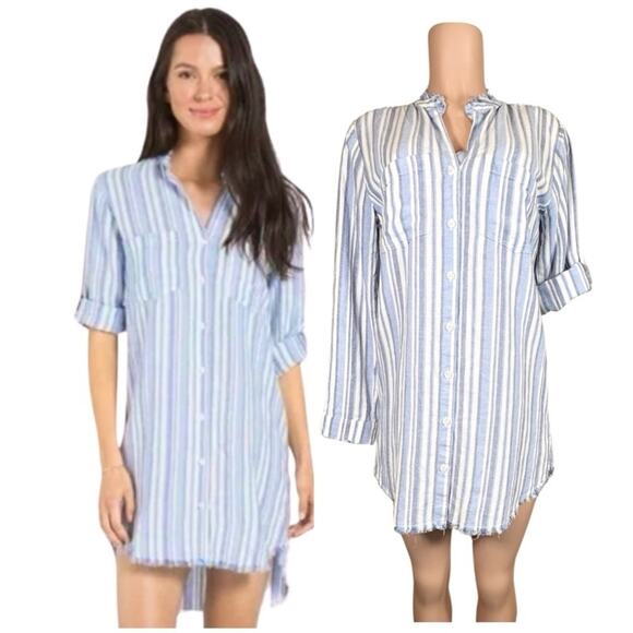 Anthropology Cloth & Stone Blue & White Stripe Frayed Hem Denim Dress SZ S $139 - Picture 12 of 16